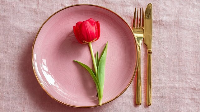 Pink plate with gold forks and knives holds a red tulip.  Tablecloth is pink.  Stylish setup for special days like Women's Day or weddings.