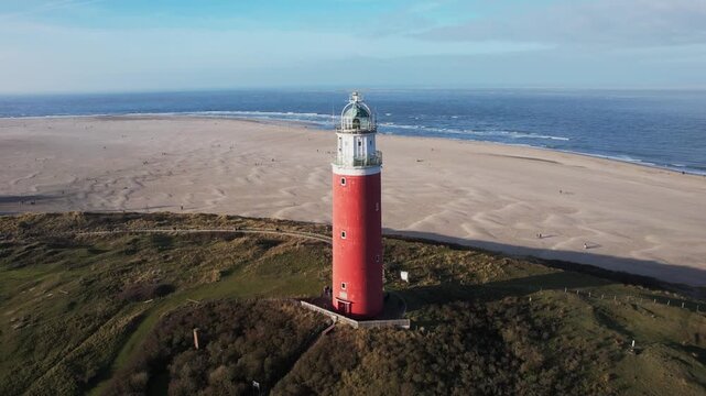Aerial View of Red Lighthouse on Texel Island, North Sea Coast, Netherlands