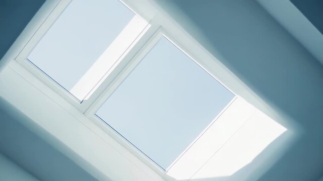 Modern architecture featuring a bright skylight letting natural light illuminate the clean, minimalist interior space, creating an abstract and serene atmosphere