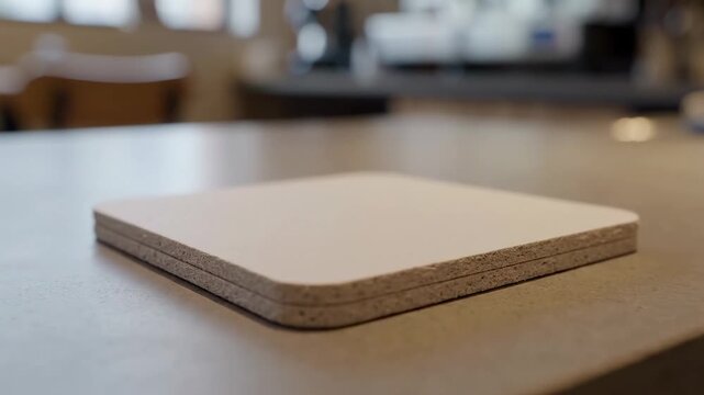 Stack of blank square coasters on a neutral surface with a blurred background