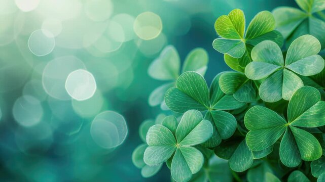 Lucky Clover Whispers: A close-up shot of vibrant green clover leaves, the bokeh effect creating a magical backdrop, symbolizing luck, nature's gentle touch, and the promise of springtime.