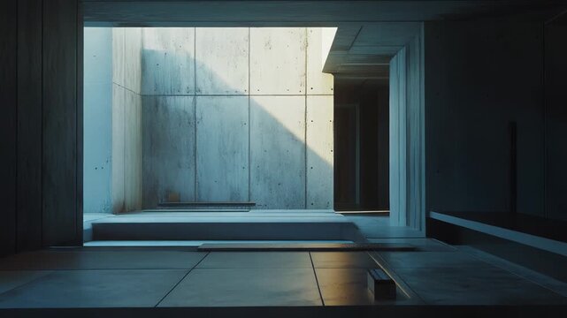 Concrete walls and geometric shapes define brutalist architecture, receiving natural light forming sharp shadows, conveying a sense of modern design, stillness, and spatial depth