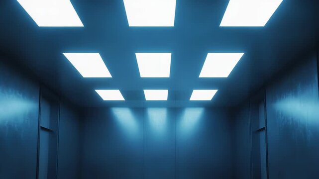 Empty futuristic corridor in a minimalist facility, featuring glowing blue ambient lighting from a grid ceiling illuminating the polished, reflective floor and access doors