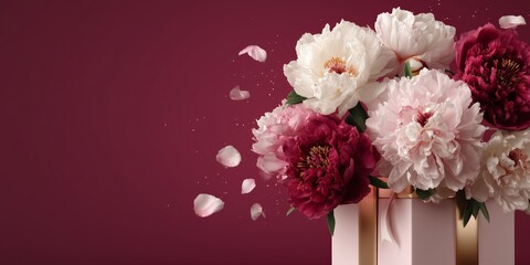 Fototapeta premium Elegant white gift box with gold ribbon surrounded by soft peonies and petals on blush background