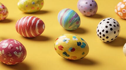 Colorful Easter eggs sat on a yellow surface, arranged flat.