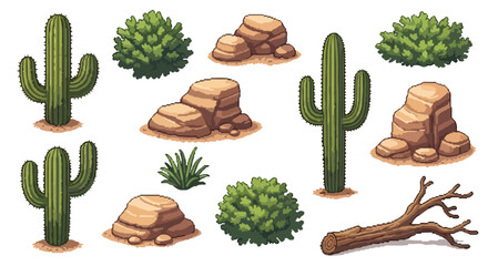 A collection of pixel art desert assets featuring various cacti, rock formations, bushes, a tuft of grass, and a fallen log. © Aqil Art