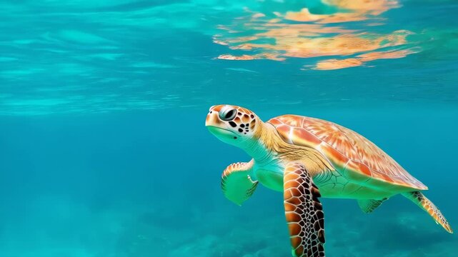 Ocean Turtle Serenity: An eye-level underwater shot, showcasing a captivating sea turtle gracefully navigating through the turquoise depths, reflecting sunlight above.