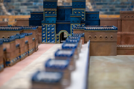 Berlin, germany, august 16, 2023. Ishtar gate model showcasing intricate blue glazed bricks with bas-reliefs of musrussu dragons and aurochs, representing ancient babylon history