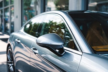 A modern silver luxury sedan showcases its sleek design with a focused view of the side mirror and door reflecting the surrounding urban greenery.