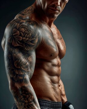 Sweaty muscular man with detailed arm tattoo for fitness editorials.
