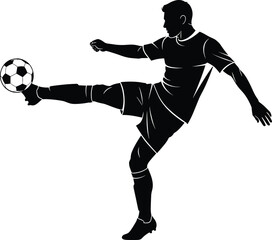 Naklejka premium Soccer player kicking ball silhouette illustration, dynamic football athlete action isolated black and white sports vector artwork