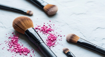 Makeup brushes scattered on a white surface with pink powder surrounding them
