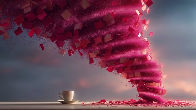 Surreal magical pink petal tornado swirling next to white coffee cup.
