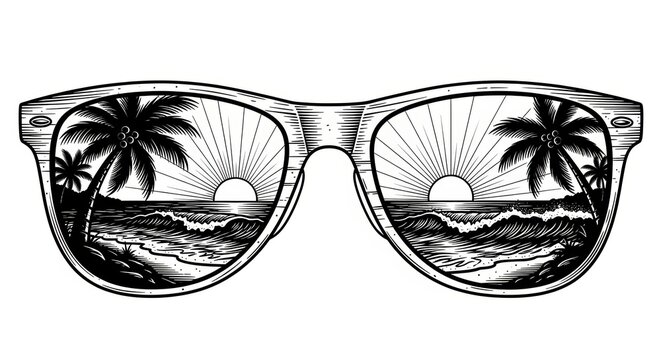 sunglasses reflecting an ocean beach sunset scene with palm trees, waves, and a warm tropical vibe sketch engraving generative ai vector illustration. Scratch board imitation. 