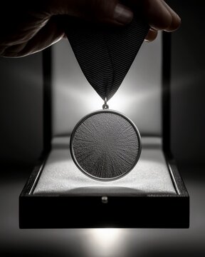 Blank silver medal in dramatic presentation box for award mockup.
