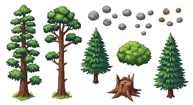 Stylized vector set of diverse forest elements: tall trees, evergreen trees, a bush, a stump, and assorted round rocks.