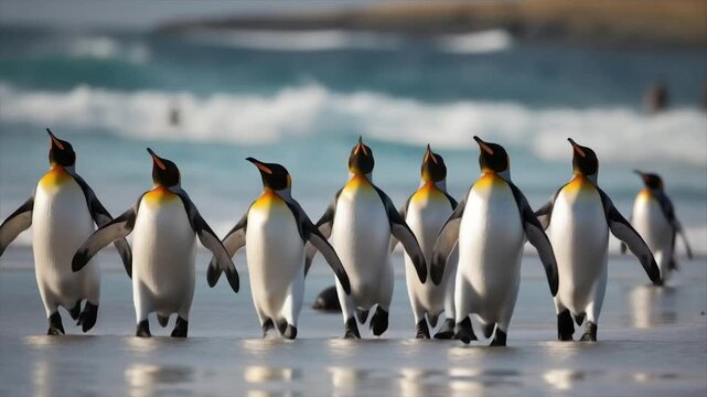 A line of penguins on a beach, looking upwards with wings slightly outstretched. The sea in the background