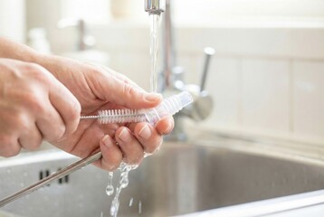 A person's hands use a cleaning brush to wash a reusable plastic straw in a kitchen sink