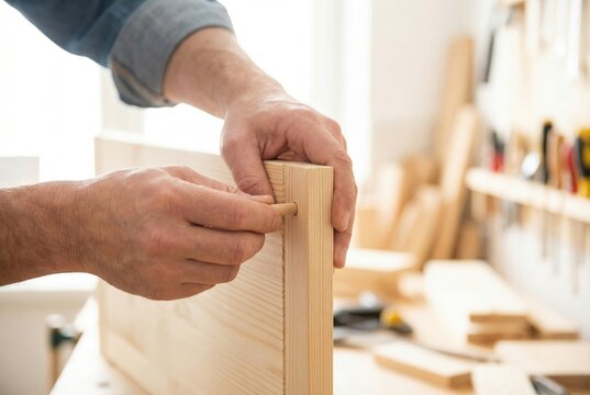 A carpenter inserts a wooden dowel pin into a board to create a strong furniture joint