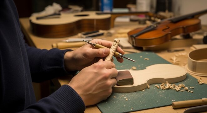 Close-up of a craftsman's hands carving and sanding a light wooden violin body on a workbench with tools and other string instruments