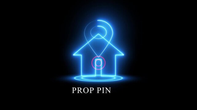 Futuristic Blue Neon prop pin Icon with Glowing House Symbol and Location Marker for Smart City Real Estate Navigation.black background. Home location