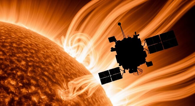 Solar Orbiter spacecraft silhouette orbiting a bright orange sun with glowing plasma flares and coronal loops against a dark background