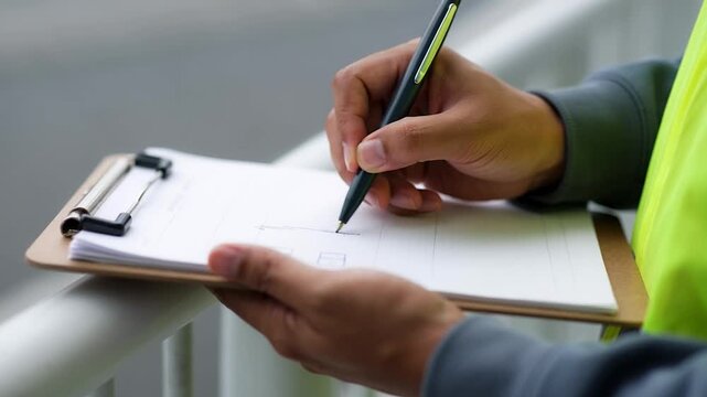 Person wearing high vis vest writing on clipboard with pen outdoors