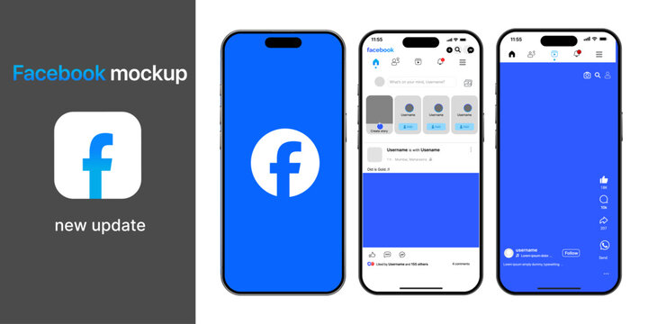 Facebook mobile interface mockup with home feed, user profile, posts, notifications, and interactive iPhone screen layout for smartphone UI design.	