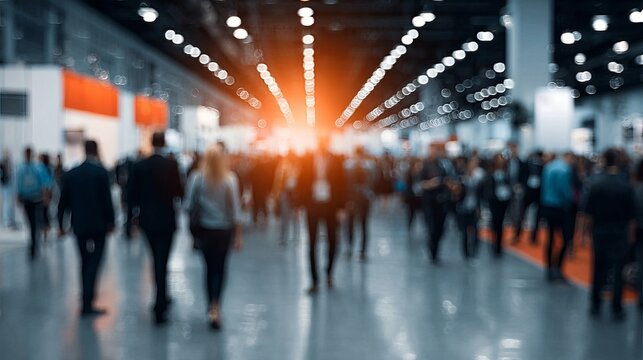 Vibrant Abstract Bokeh Lights Creating a Dreamy Atmosphere at a Busy Exhibition Hall Event Scene