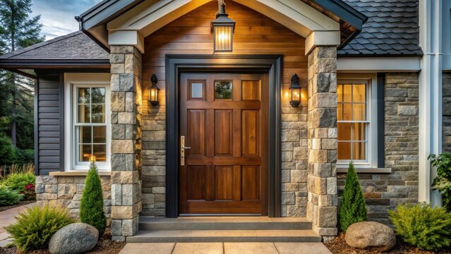 A photo of a front door detail on a home with black board and batten siding, natural stone accents, and a beautiful oak front door