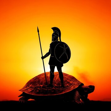 Silhouette of a Spartan warrior in helmet and armor holding a spear and shield, standing on a large turtle, against a vibrant orange and yellow sunset background
