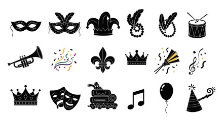 Fototapeta premium Exuberant Carnival and Mardi Gras Set with Bold Flat Design Silhouettes for Festive Themes. transparent.
