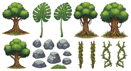 A diverse vector collection of natural elements including trees, tropical leaves, rocks, grass tufts, and various vines. © Aqil Art