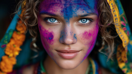 Obraz premium Close-Up Portrait of Woman Covered in Pink and Blue Holi Powder with Festive Background joyful expression, traditional india, vibrant colors