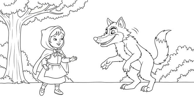 Little Red Riding Hood and Friendly Big Bad Wolf Classic Fairytale Coloring Sheet. transparent.