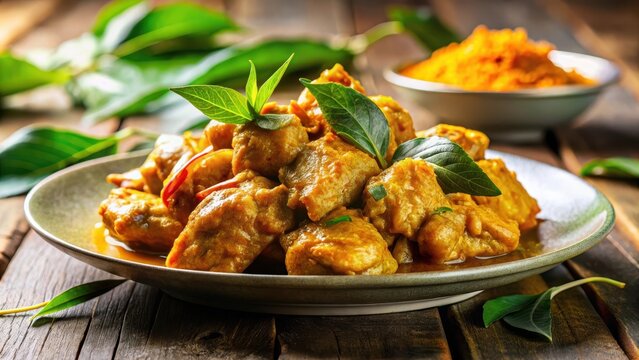 A photo of a crispy bar snack with spicy chicken 65 and curry leaves Crispy exterior with goldenbrown color Inside, tender white meat with a savory