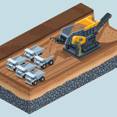Crushing Machine Processing Gravel with Dump Trucks.
