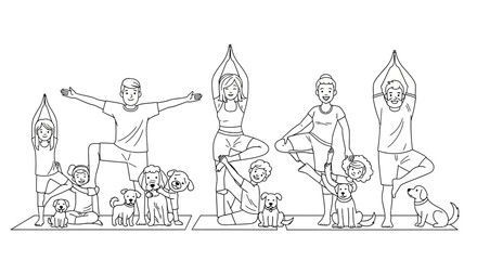 Obraz premium Partner Yoga with Diverse Dogs, Community Bonding Coloring Page for Families. transparent.