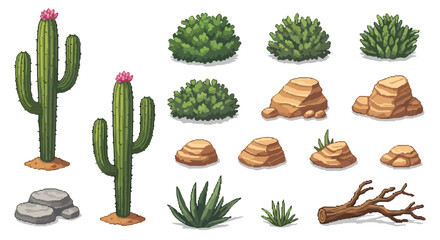 A diverse set of pixelated desert assets, featuring cactuses, bushes, rocks, succulents, and a log, perfect for game environment design. © Aqil Art