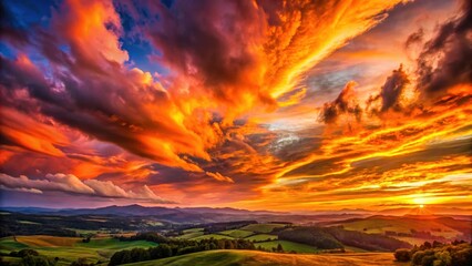 Obraz premium A photo of a dramatic sunset sky, painted in vibrant oranges and pinks, with rolling hills in the background