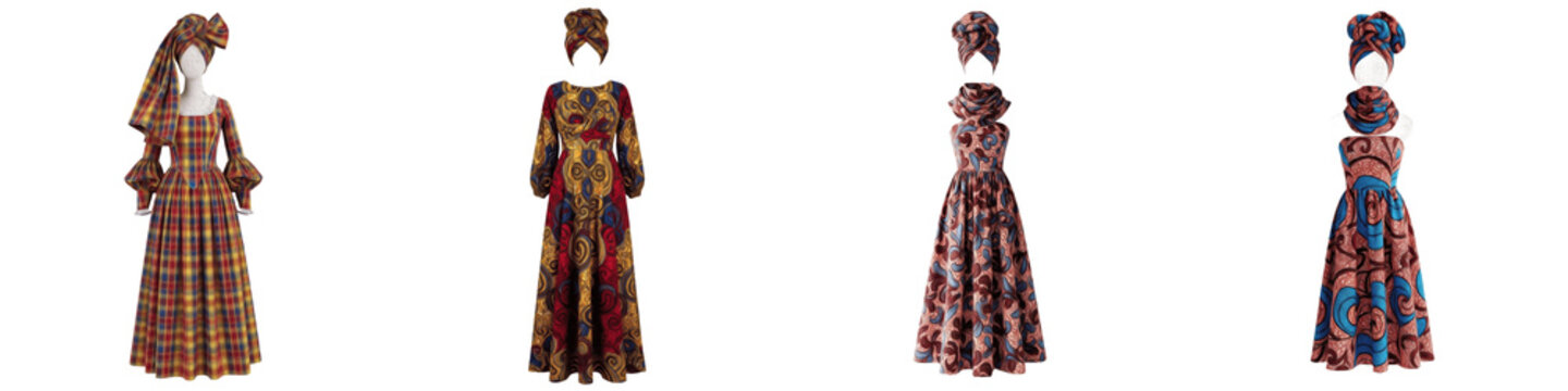 Traditional African Print Ankara Maxi Dress with Matching Headwrap, Elegant Gele Head Tie, Long Sleeve Ethnic Party Wear, Isolated PNG on White Background Set