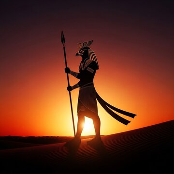 Silhouette of Egyptian god Horus with a falcon head and spear standing on a desert dune against a vibrant orange and red sunset