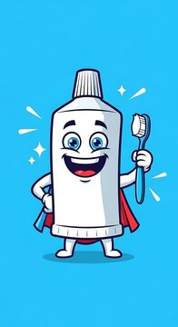 Toothpaste superhero character holding toothbrush.