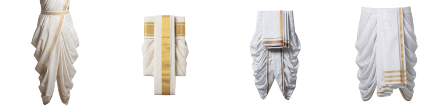 Traditional Indian White Cotton Dhoti with Gold Zari Border, Men's Readymade Silk Dhoti Panche Set, Ethnic South Indian Wedding Wear, Isolated PNG White Background
