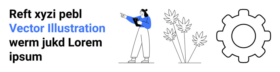 Woman with tablet pointing toward plants, gear icon symbolizing innovation and mechanics. Ideal for technology, eco-friendly concepts, mechanics, productivity, presentations, guides, simple landing