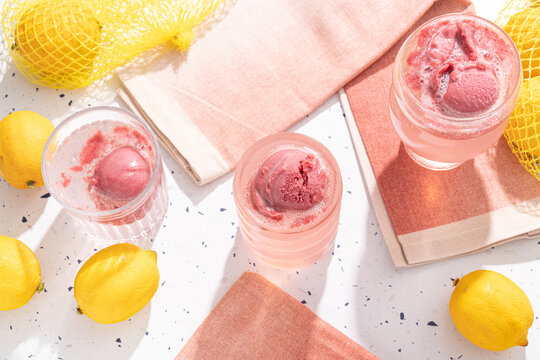 Summertime raspberry float drink. Refreshing summer beverage made with sparkling water