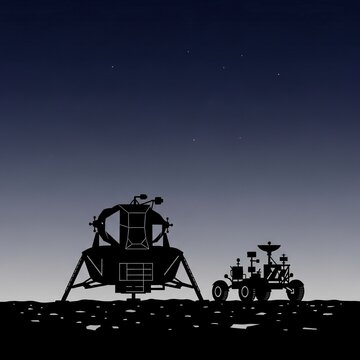 Dark blue and gray gradient night sky with stars above black silhouettes of a lunar lander and a lunar rover on a rough surface