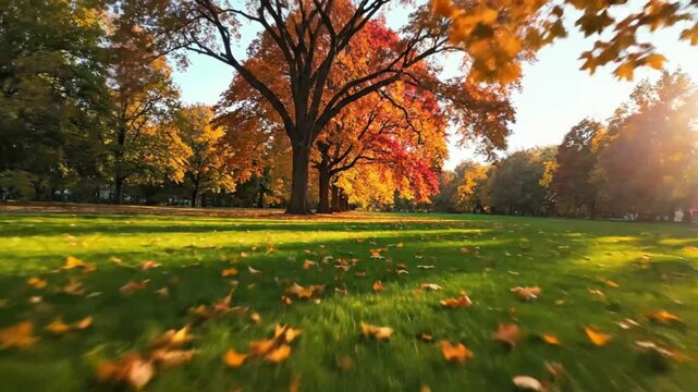 Low-angle perspective of a park in autumn with trees displaying vibrant golden, orange, and red foliage on a sunny day