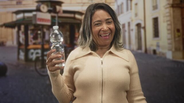 Woman holding a plastic water bottle with hand and smiling on cobbled street beside a kiosk and building facades; simple joy.