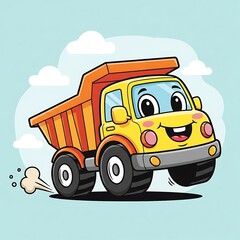 Naklejka premium Smiling cartoon dump truck in motion.